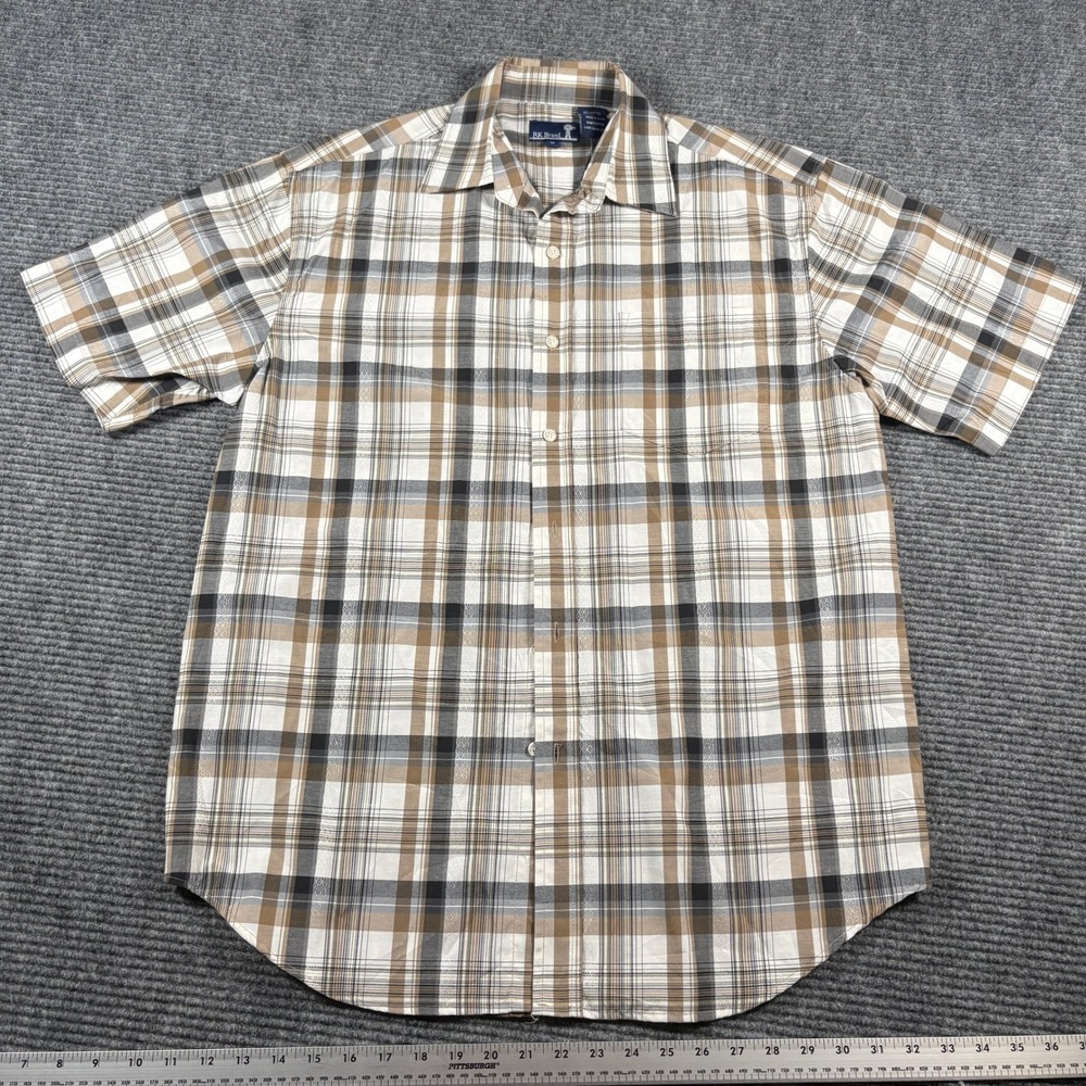 RK Brand Mens Plaid Short Sleeve Button Up Shirt Brown White Size M 4375